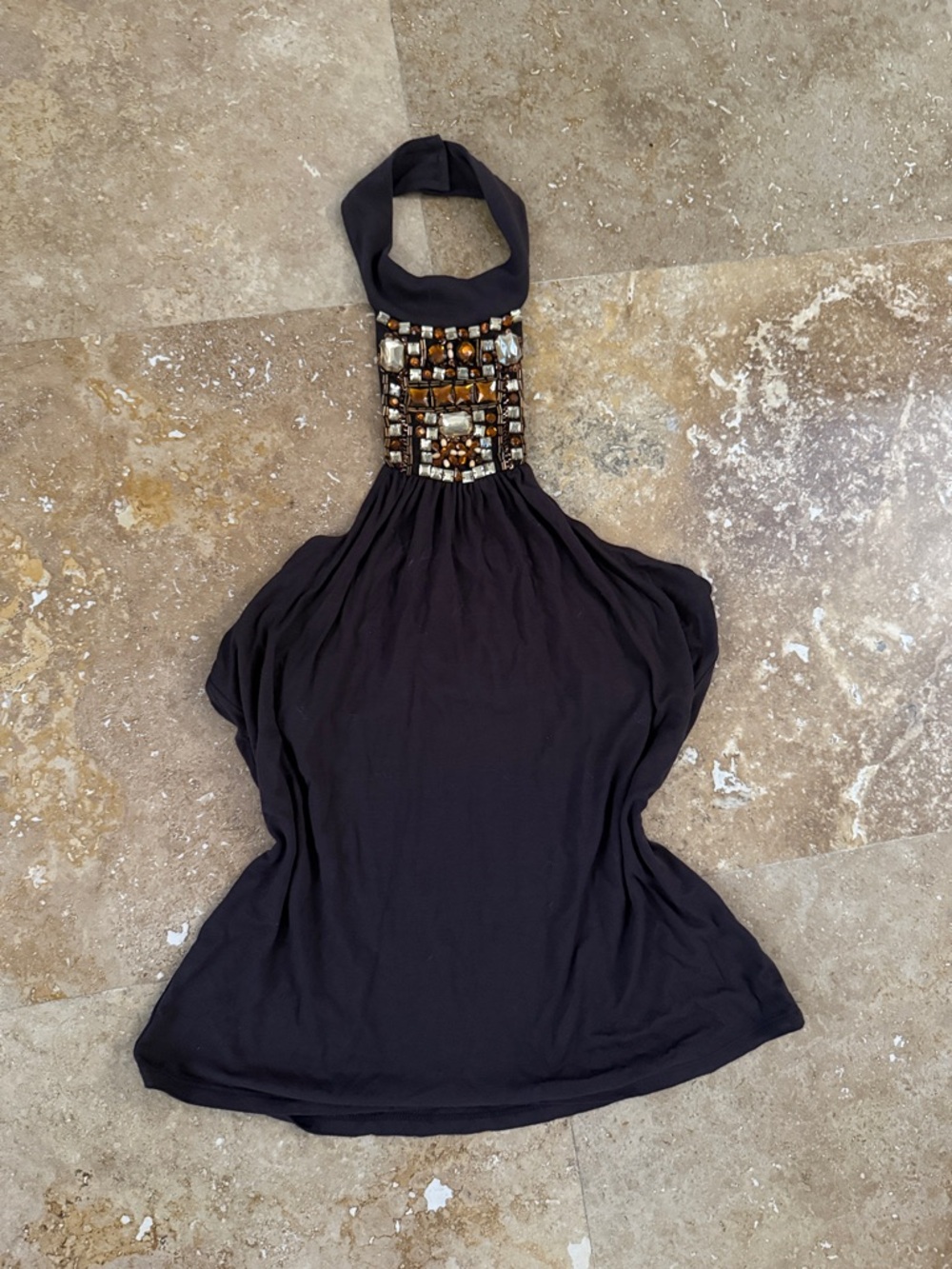 🤎✨2000’s vintage Y2K Cache brown Halter Dress with Amber & Silver Beaded Bodice